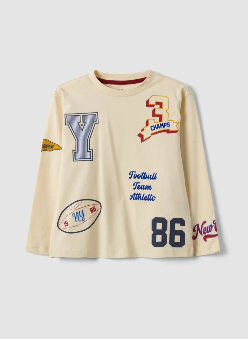 Ovs OVS Beige Pure Cotton Crew-Neck College-Print T-Shirt For Boys