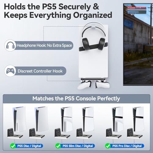 Gersker P5 Wall Mount Kit with Controller Holder Compatible with P5/Slim/Pro Disc & Digital, Pa5 Mount Floating for Gaming Accessories, Compact Pa5 Vertical Wall Shelf Organizer Bracket with Headphone Hook - Image 2