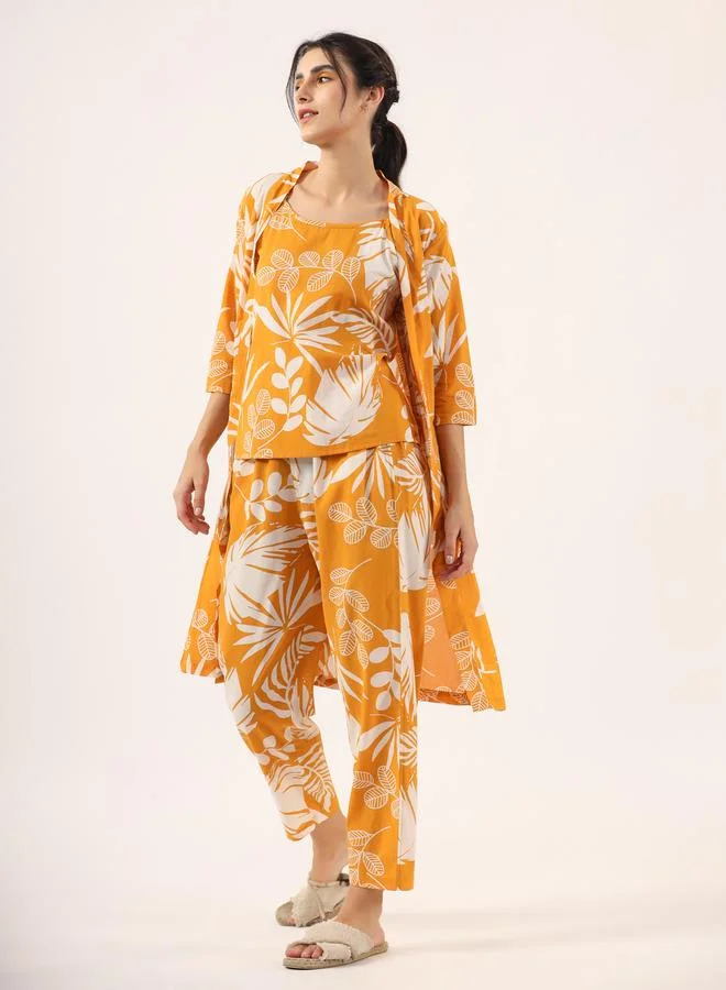 sanskrutihomes Sanskrutihomes Women Floral Printed Pure Cotton Top, Robe and Pyjama Set