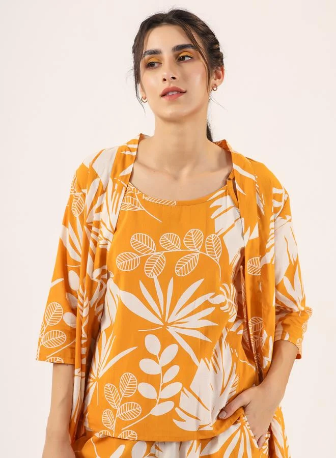 sanskrutihomes Sanskrutihomes Women Floral Printed Pure Cotton Top, Robe and Pyjama Set