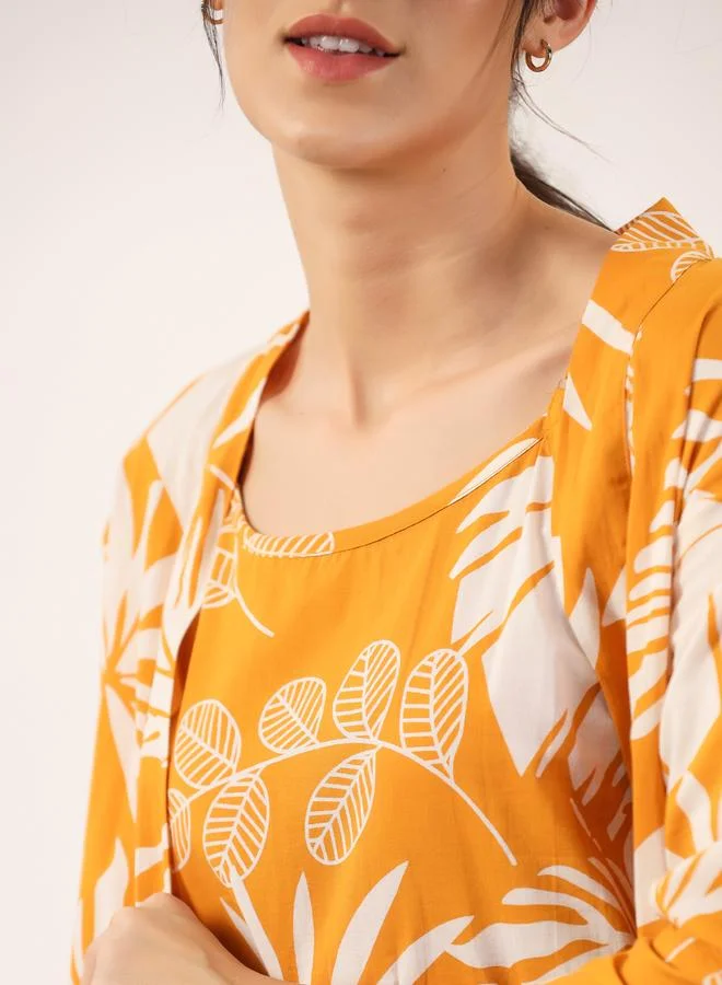sanskrutihomes Sanskrutihomes Women Floral Printed Pure Cotton Top, Robe and Pyjama Set