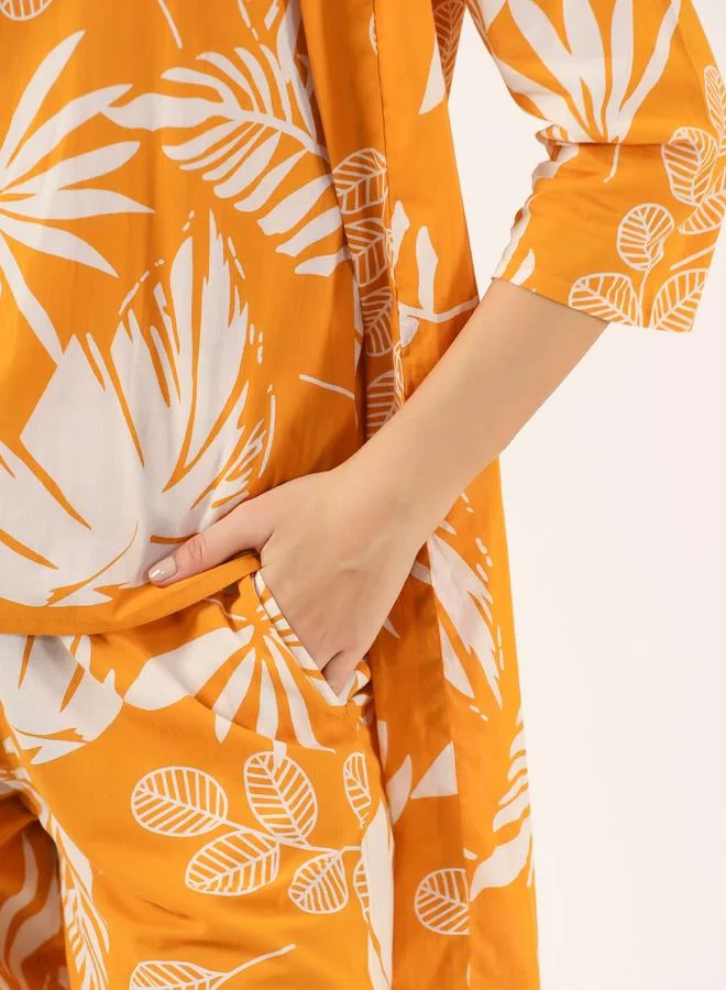sanskrutihomes Sanskrutihomes Women Floral Printed Pure Cotton Top, Robe and Pyjama Set