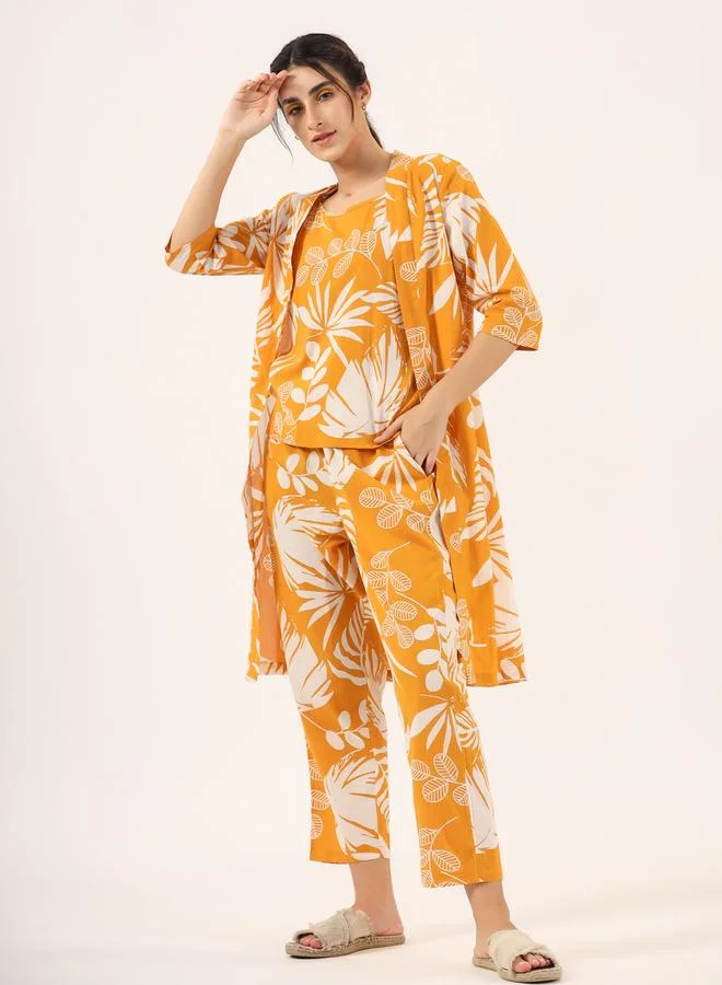 sanskrutihomes Sanskrutihomes Women Floral Printed Pure Cotton Top, Robe and Pyjama Set