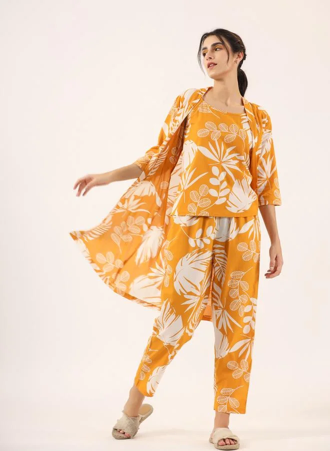 sanskrutihomes Sanskrutihomes Women Floral Printed Pure Cotton Top, Robe and Pyjama Set
