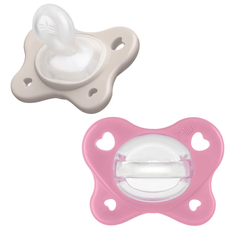 Chicco PhysioForma Dual Soft Orthodontic Pacifier for Babies 6-16 Months, 100% Soft Silicone, Supports Breathing, One-Piece Design, Included Sterilizing Case, BPA Free, 2-Pack, Grey/Dusty Rose - Image 1