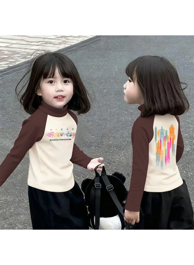Girls' Thermal Base Layer Top Autumn And Winternew Style For Older Children, Half Turtleneck, Warm Inner Layer, Color-blocking Long Sleeves