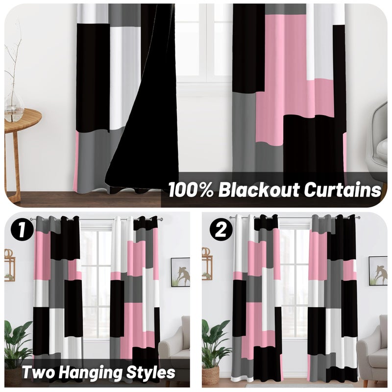 Tyrot Pink 100% Blackout Curtains for Bedroom 84 inch Length 2 Panels Set White Grey Modern Abstract Geometric Black Out Curtains Insulated Room Darkening Window Drapes for Girls Living Room, 52Wx84L - Image 2
