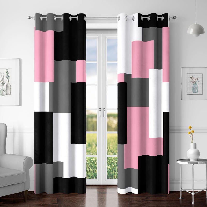 Tyrot Pink 100% Blackout Curtains for Bedroom 84 inch Length 2 Panels Set White Grey Modern Abstract Geometric Black Out Curtains Insulated Room Darkening Window Drapes for Girls Living Room, 52Wx84L - Image 1