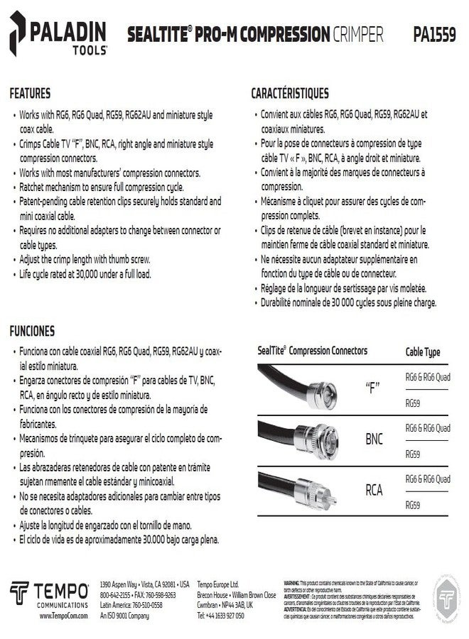 تمبو مكبس كابلات Paladin Tools PA1559 SealTite المحوري ومكبس كابلات RG6 المحوري لموصلات CATV F وBNC وRCA | RG6، RG6Q، RG59، RG62AU احترافي (متوافق مع Ethernet POE Pro) - Image 4