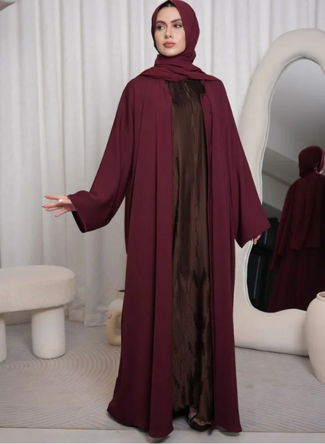 ارتداء ممتاز Premium Textured Front Open Abaya With Buttons - Maroon