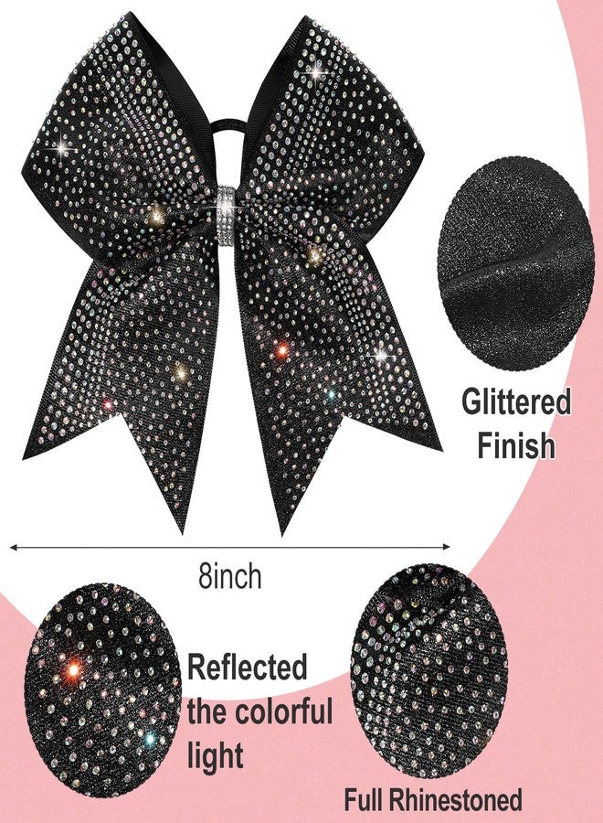 DEEKA 6PCS 8" Large Glitter Black Cheer Bows with Full Shiny Rhinestones Multicolored Shimmer Cheer Hair Bows Elastic Band Ponytail Holder for Cheerleader Girls Sports-Black - Image 2