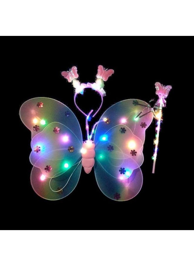 Women's Glowing Butterfly Wings Costume Set Light For Children's Performances Stage Props Dress Up Four Piece Set-Color:Rainbow-Specifications:20 Lamp Luminous Three-piece Set  - Image 1