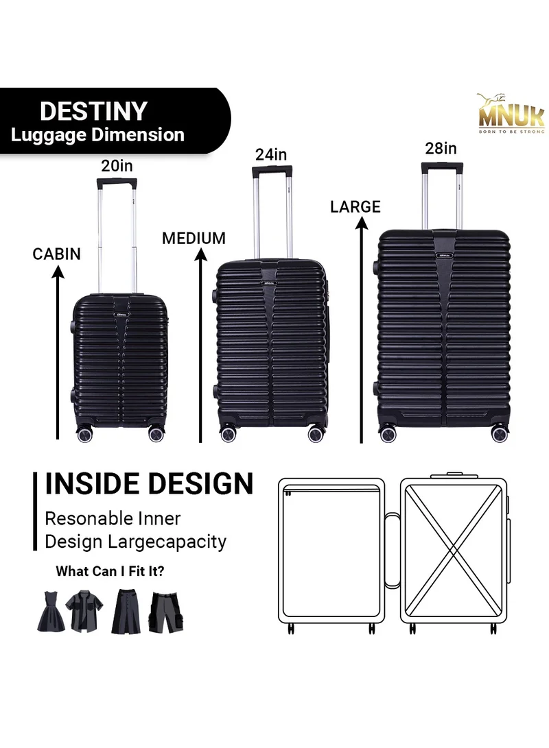MNUK Destiny Set of 2 Luggage | Hardside Soft Handle Trolley with TSA Lock |Double 360° 8 Wheeler| Cabin-20 Inch, Large-28 Inch| Black