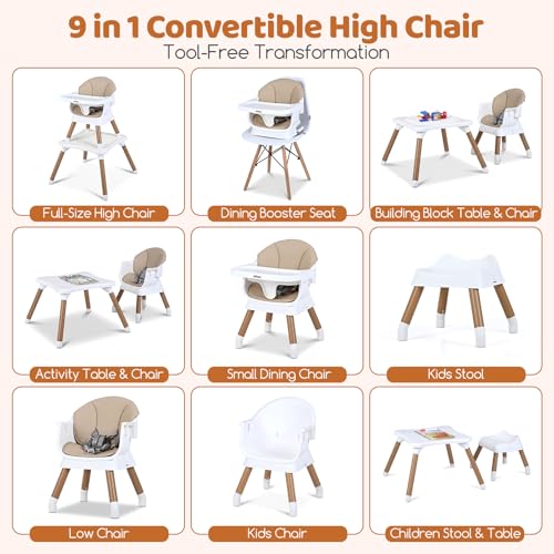 INFANS Baby High Chair, 9 in 1 Convertible Highchair for Babies and Toddlers, Building Block Table Dining Booster Seat Activity Desk Kids Stool with Adjustable Removable Tray (Beige) - Image 3