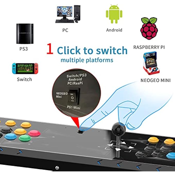 rayihni ARCADE JOYSTICK CONSOLE 2 PLAYERS VIDEO GAME ARCADE FIGHTING STICK FOR HOME, COMPATIBLE WITH NEOGEO MINI/PC/PS CLASSIC/NINTENDO SWITCH/PS3/ANDROID/RASPBERRY PI (BLACK) - Image 3