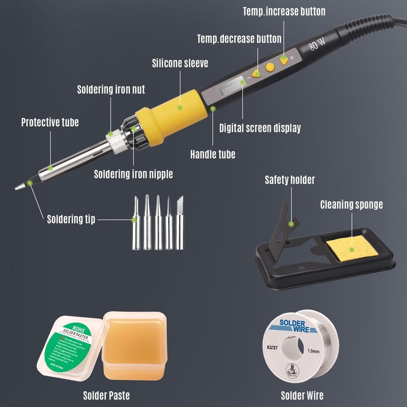 LDK 80W Soldering Iron Kit, 110V Digital Soldering Iron with 5 Solder Tips, Solder Wire, Adjustable Temperature Solder Welding Tools, Fast Heating, Electrical Repair - Image 2