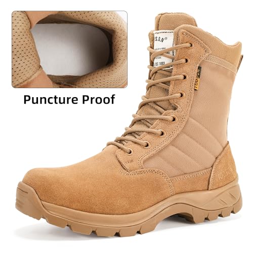 IODSON Men's Military Tactical Work Boots with Side Zipper, Puncture Resistant, Desert Combat, Army Jungle, 8 Inch Lightweight Hiking Boots Coyote US 8 - Image 2