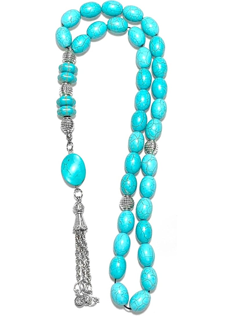 A Rosary of 33 Turquoise Stones, Metal Closure with Durable Jute Thread, Comes with Gift Jute Pouch – Perfect for Daily Use and Gifting (Big Oval, Large) - Image 1
