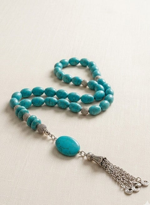 A Rosary of 33 Turquoise Stones, Metal Closure with Durable Jute Thread, Comes with Gift Jute Pouch – Perfect for Daily Use and Gifting (Big Oval, Large)