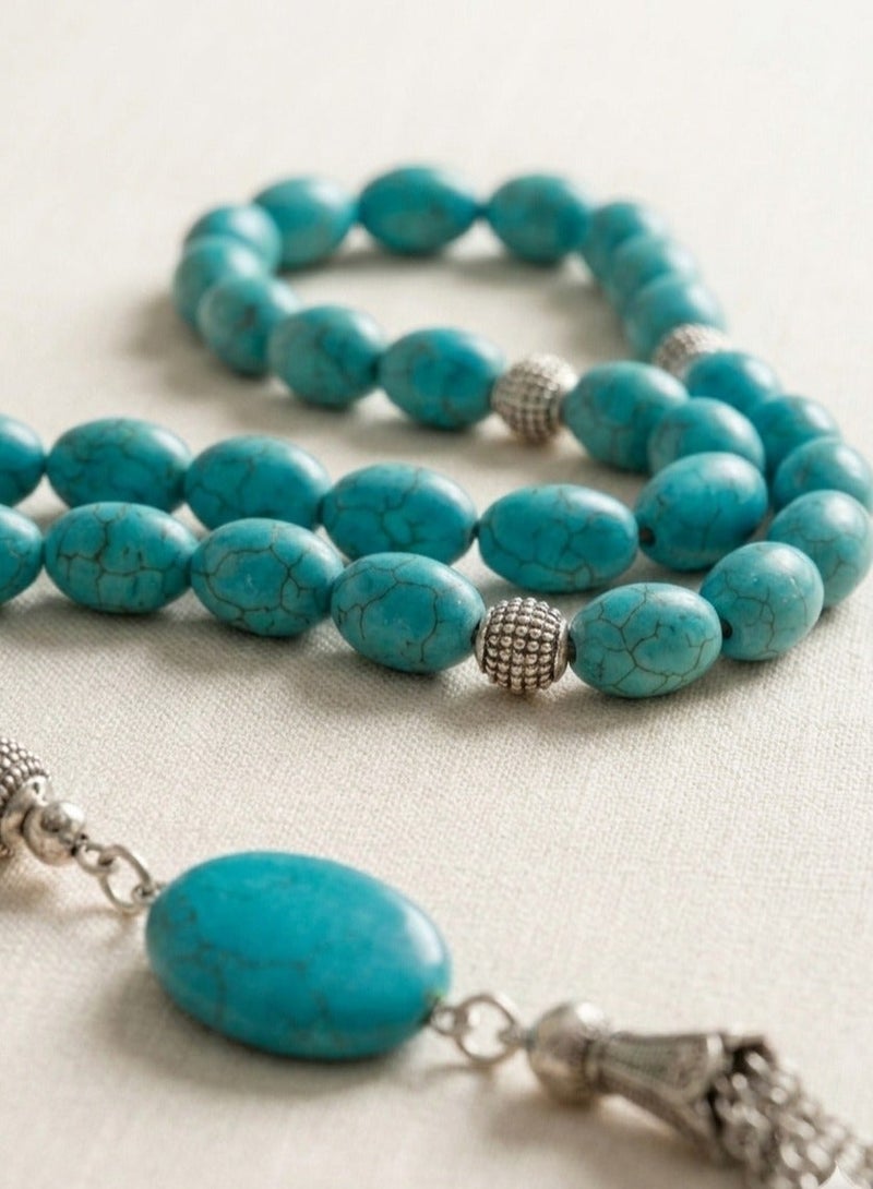 A Rosary of 33 Turquoise Stones, Metal Closure with Durable Jute Thread, Comes with Gift Jute Pouch – Perfect for Daily Use and Gifting (Big Oval, Large) - Image 2