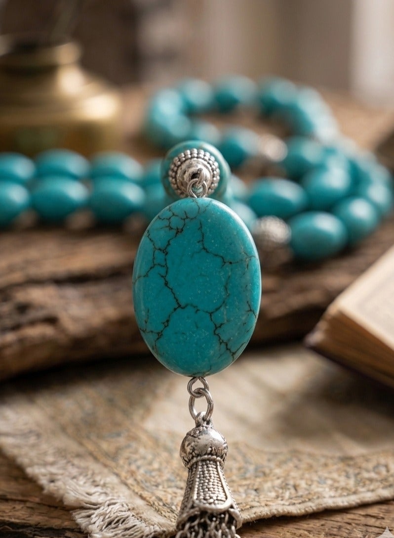 A Rosary of 33 Turquoise Stones, Metal Closure with Durable Jute Thread, Comes with Gift Jute Pouch – Perfect for Daily Use and Gifting (Big Oval, Large) - Image 4
