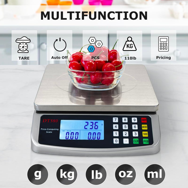 MOCCO 110lb/50kg Food Scale, Large Digital Kitchen Scale with Tray, 304 Stainless Steel, Commercial Price Computing Scale, Counting Scale for Baking, Cooking, Meat, Industry, Counting, Adapter Included - Image 3