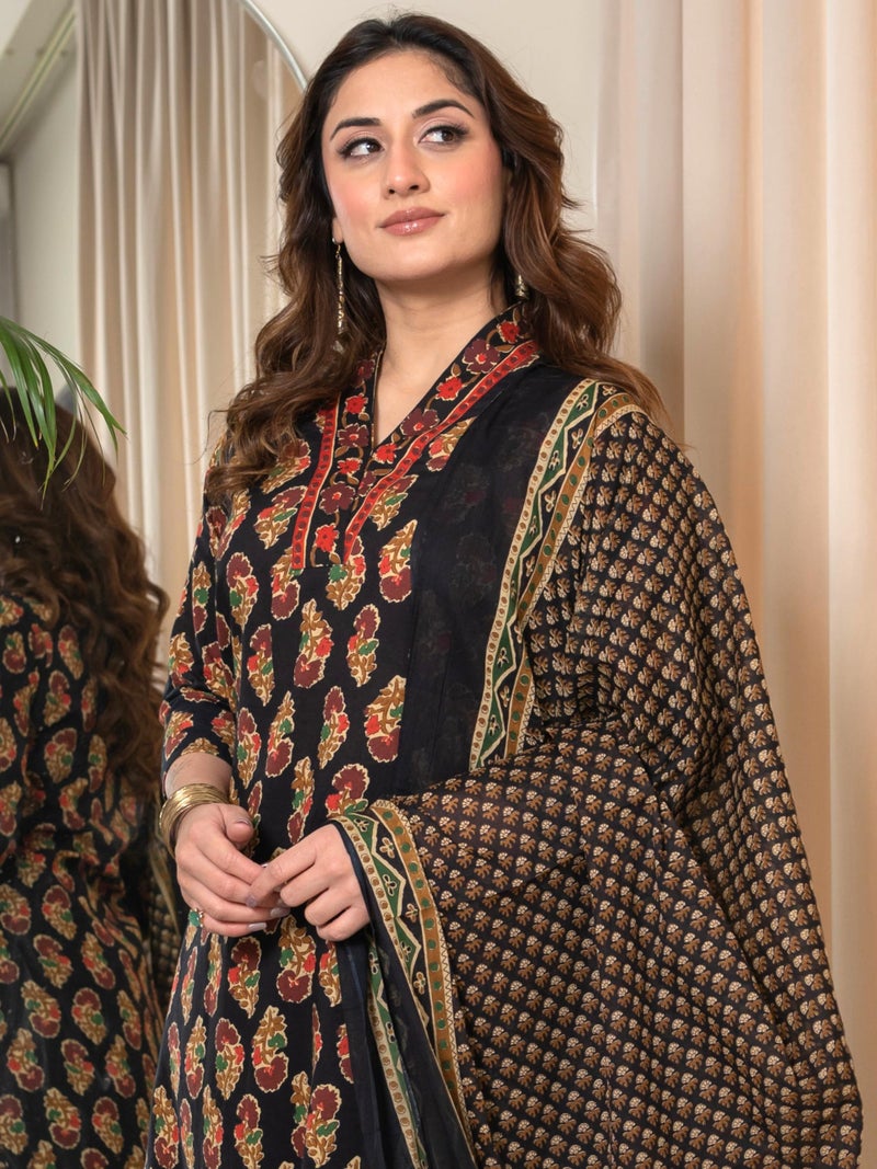 Arayna Women’s Cotton Printed Kurta Set with Pants & Dupatta – 3/4 Sleeve | Elegant Ethnic Wear, Black, Small - Image 5