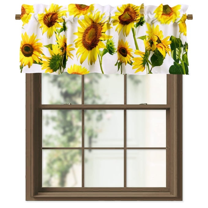 YELLOW SUNFLOWERS KITCHEN VALANCES FOR WINDOWS FARMHOUSE VALANCE ROD POCKET 52X18 CURTAIN WHITE VALANCES FOR CAFE LIVING ROOM BATH ROOM 2 PANELS