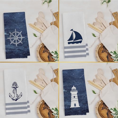Geqtt Nautical Hand Towel 100 Waffle Weave Microfiber Quick Dry Absorbent Coastal Bathroom Decor Set of 4 Navy Blue Small Square 16x24 inches - Image 3