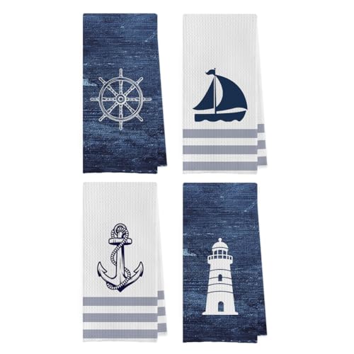 Geqtt Nautical Hand Towel 100 Waffle Weave Microfiber Quick Dry Absorbent Coastal Bathroom Decor Set of 4 Navy Blue Small Square 16x24 inches - Image 1