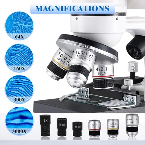 Levhorzn Binocular Microscope for Adults Kids Students, 64X-6000X Microscopes, 3 Objective Lens, Metal-Body Dual LED Illumination, Biological Compound Microscope Kit for School Lab, Homeschool - Image 4