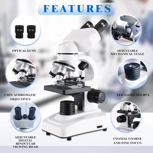 Levhorzn Binocular Microscope for Adults Kids Students, 64X-6000X Microscopes, 3 Objective Lens, Metal-Body Dual LED Illumination, Biological Compound Microscope Kit for School Lab, Homeschool - Image 2