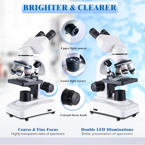 Levhorzn Binocular Microscope for Adults Kids Students, 64X-6000X Microscopes, 3 Objective Lens, Metal-Body Dual LED Illumination, Biological Compound Microscope Kit for School Lab, Homeschool - Image 5