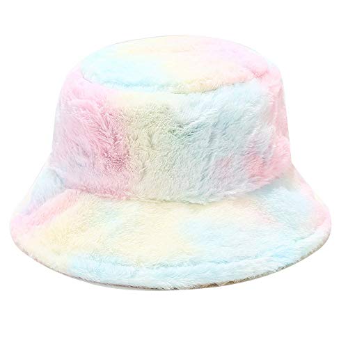 Umeepar Winter Faux Fur Fuzzy Bucket Hat Fluffy Warm Hat for Women Men (Tie Dyed Rainbow) - Image 1