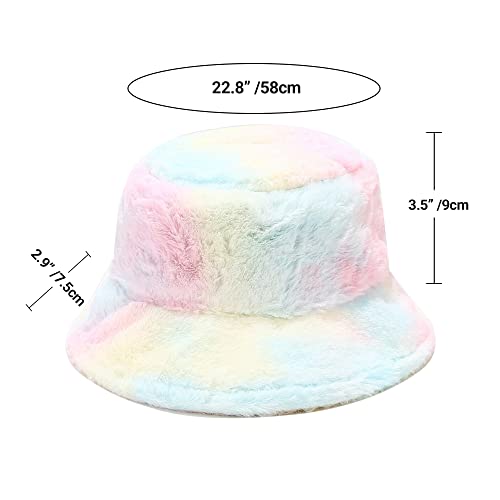 Umeepar Winter Faux Fur Fuzzy Bucket Hat Fluffy Warm Hat for Women Men (Tie Dyed Rainbow) - Image 2