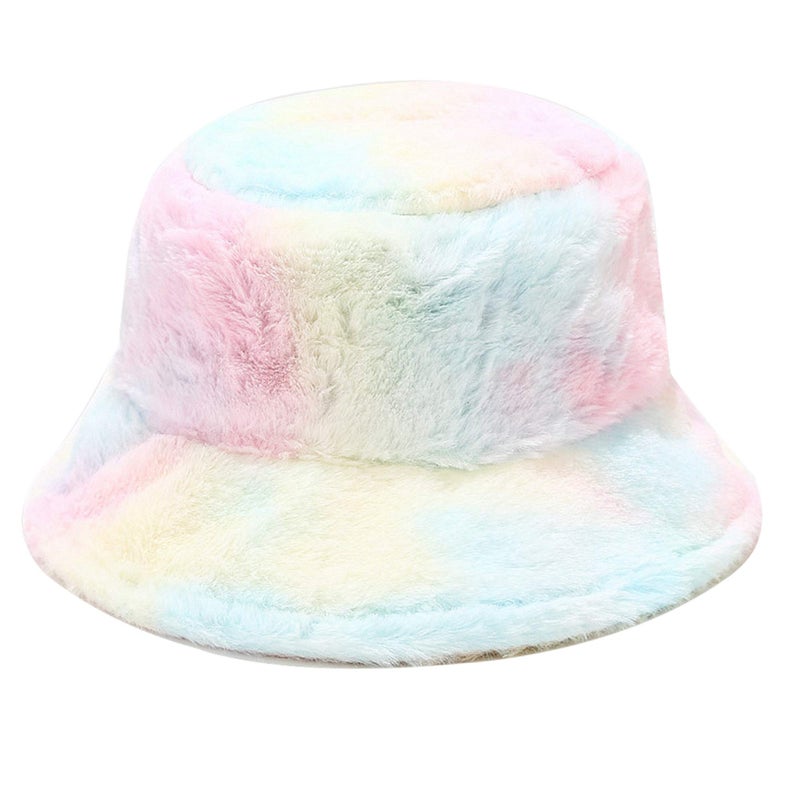 Umeepar Winter Faux Fur Fuzzy Bucket Hat Fluffy Warm Hat for Women Men (Tie Dyed Rainbow) - Image 4