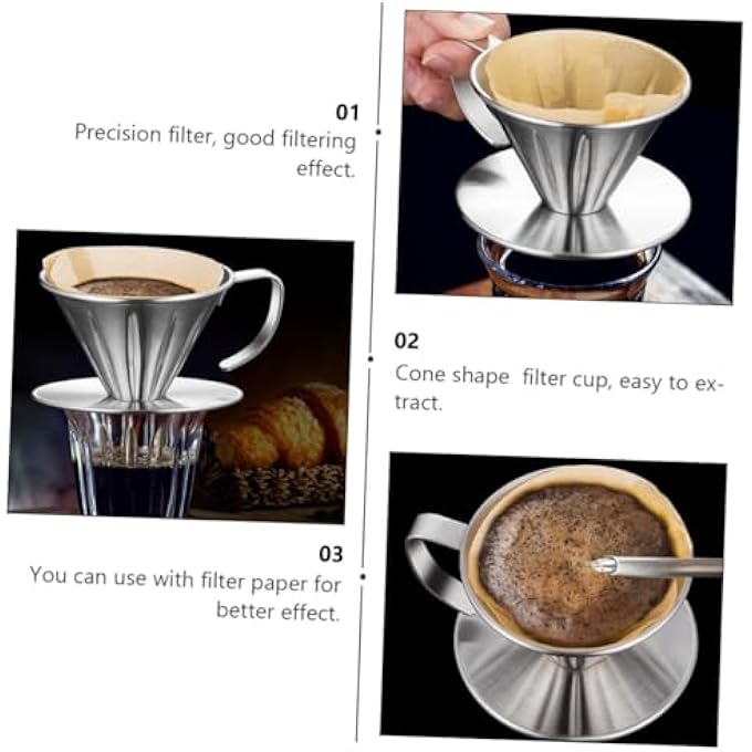 كاست ويف ماكينة تحضير القهوة المصنوعة من الفولاذ المقاوم للصدأ مع فلتر مخروطي قابل لإعادة الاستخدام وماكينة تحضير القهوة اليدوية للحصول على نكهة غنية محمولة وصديقة للبيئة للسفر والمنزل والمكتب - Image 4