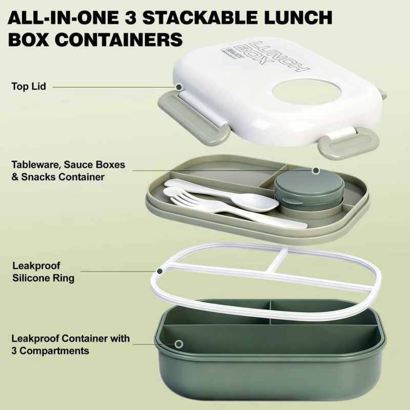 AGREON Lunch Bento Box Set - 3 Compartment Containers for Kids and Adults,lunch box for women with Thermo Lunch Bag, Leak-Proof and BPA-Free - Built-in Utensil Set,Sauce - Dishwasher Safe-Green - Image 5