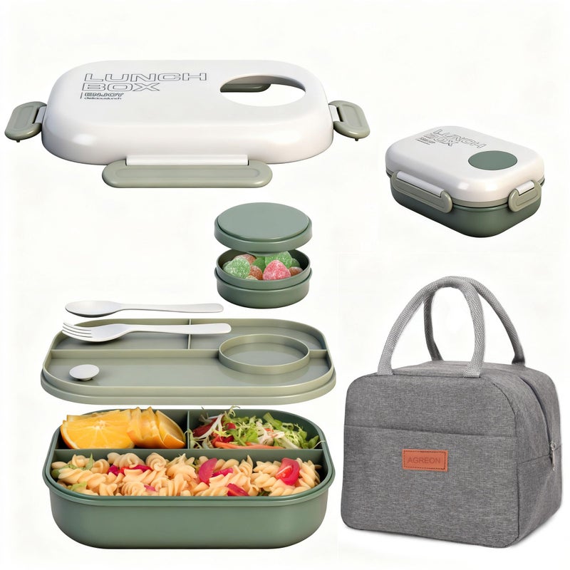 AGREON Lunch Bento Box Set - 3 Compartment Containers for Kids and Adults,lunch box for women with Thermo Lunch Bag, Leak-Proof and BPA-Free - Built-in Utensil Set,Sauce - Dishwasher Safe-Green - Image 1