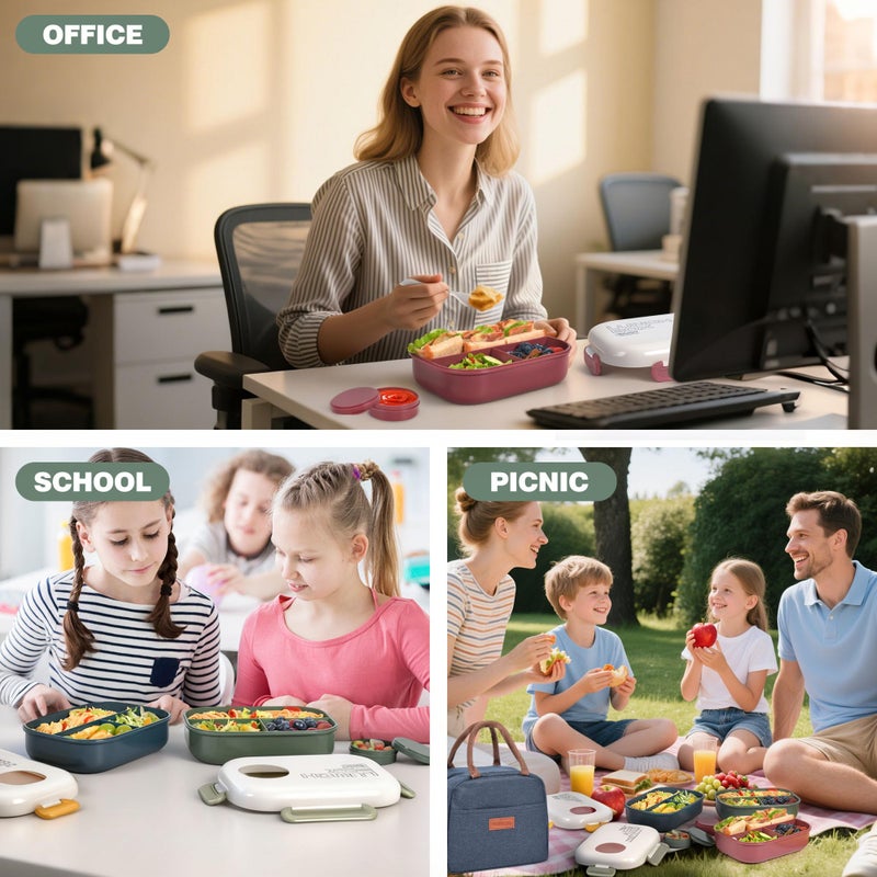 AGREON Lunch Bento Box Set - 3 Compartment Containers for Kids and Adults,lunch box for women with Thermo Lunch Bag, Leak-Proof and BPA-Free - Built-in Utensil Set,Sauce - Dishwasher Safe-Green - Image 2