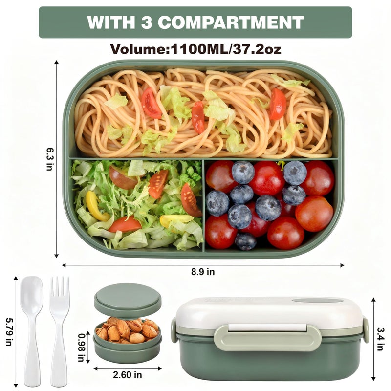 AGREON Lunch Bento Box Set - 3 Compartment Containers for Kids and Adults,lunch box for women with Thermo Lunch Bag, Leak-Proof and BPA-Free - Built-in Utensil Set,Sauce - Dishwasher Safe-Green - Image 3