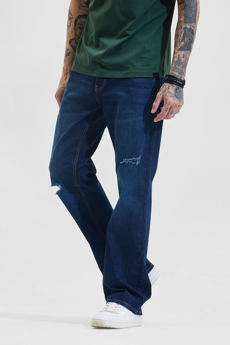 SNITCH Blue Solid Flared Fit Streetwear Jeans