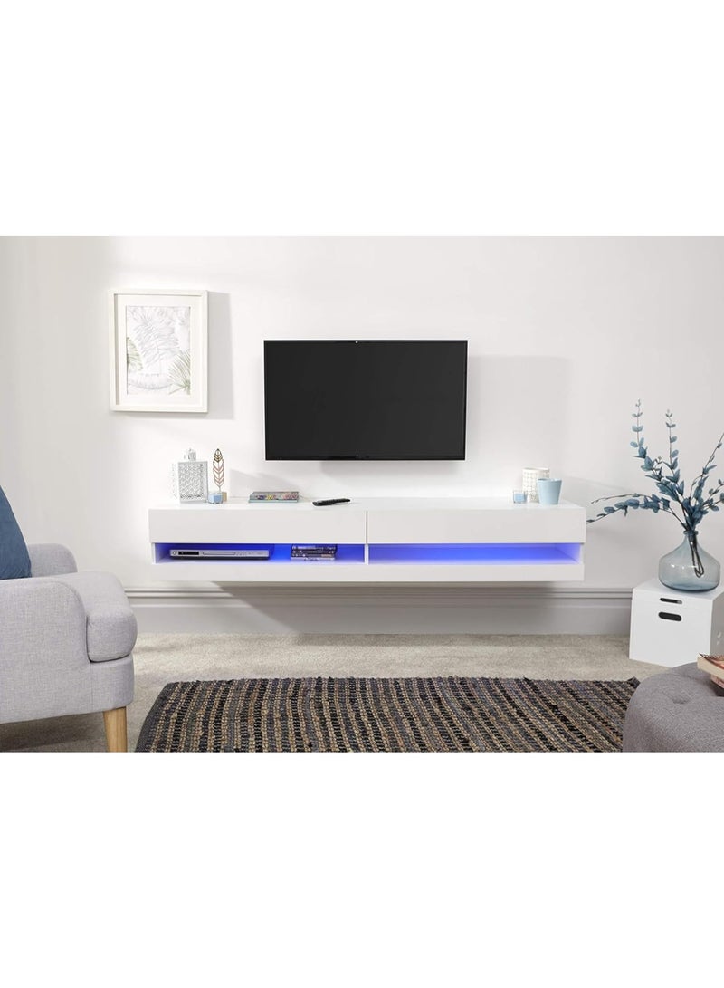 GFW Galicia 180cm Wall LED, Floating TV Unit Console & Television Stand for Living Entertainment Room with Storage Shelves, White, H-30cm x W-180cm x D-38cm - Image 1