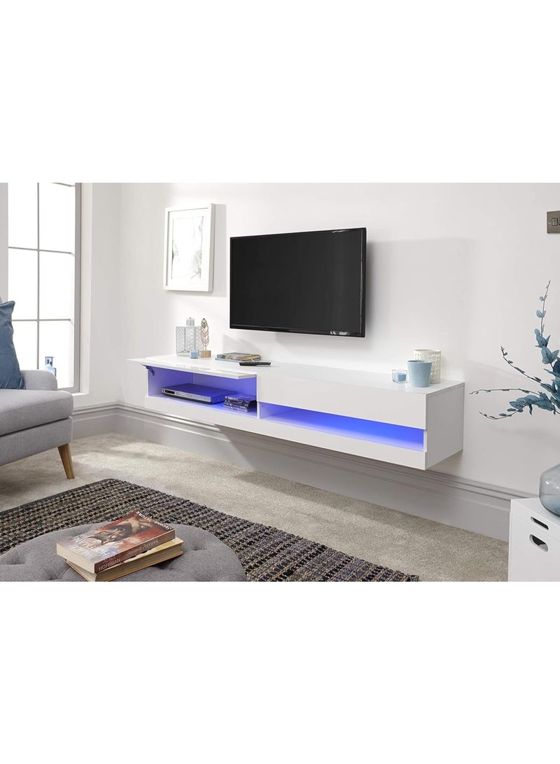 GFW Galicia 180cm Wall LED, Floating TV Unit Console & Television Stand for Living Entertainment Room with Storage Shelves, White, H-30cm x W-180cm x D-38cm - Image 2
