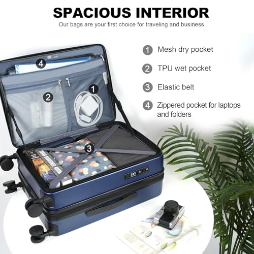 KROSER Carry On Luggage with Spinner Wheels & Built-in TSA Lock, Expandable Top Opening Hard Shell Suitcase Large Capacity Durable Rolling Luggage with USB Port, Carry-On 20-Inch, Navy - Image 3