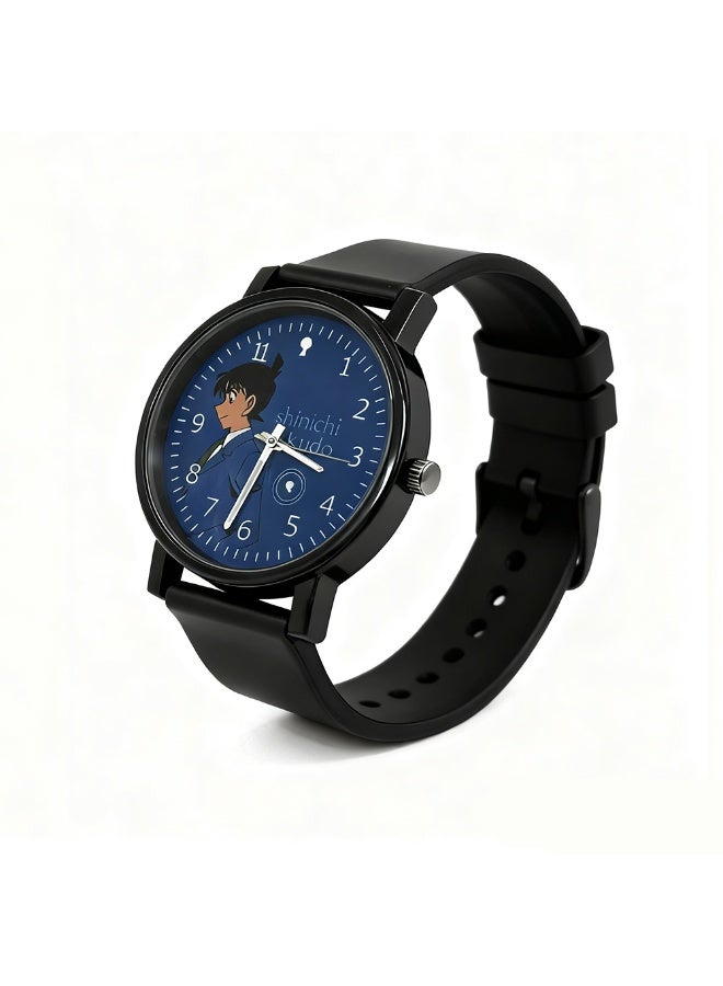 Conan Detective Conan Shinichi Kudo Anime Watch - Blue Dial Black Silicone Strap, Japanese Mystery Anime Character Themed Watch - Image 1