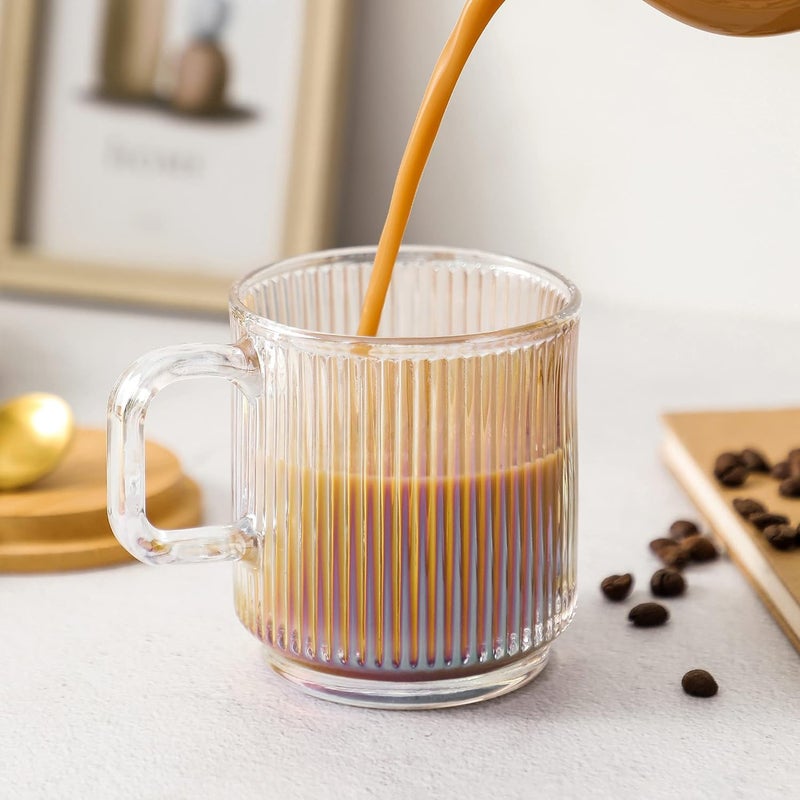 Lysenn Iridescent Glass Coffee Mug with Lid - Premium Classical Vertical Stripes Glass Tea Cup - for |Latte|Tea|Chocolate|Juice|Water| - Unleaded - Bamboo Lid - 12.5 Ounces - Image 2