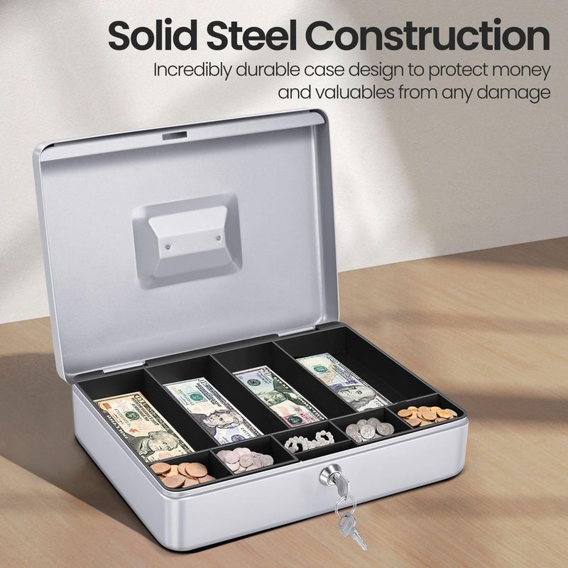 Flexzion Cash Box with Money Tray and Lock - Metal Cash Box for Small Businesses, 9-Compartment Silver Money Box with Removable Tray and Key, Portable Storage for Checks and Coins - Image 4