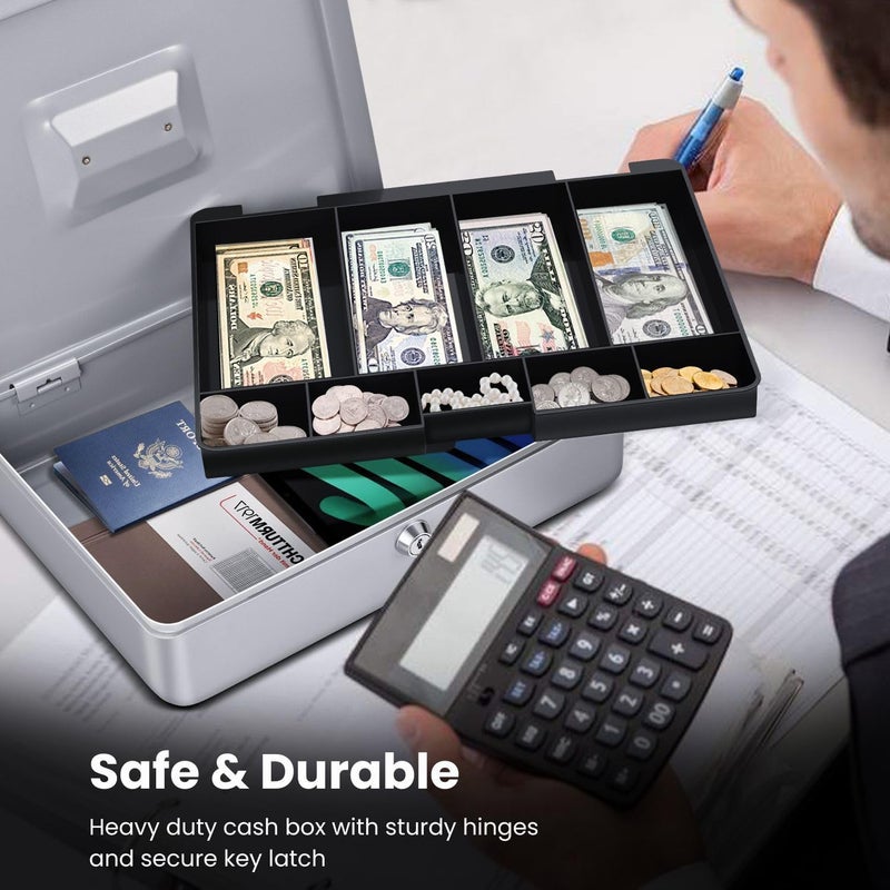 Flexzion Cash Box with Money Tray and Lock - Metal Cash Box for Small Businesses, 9-Compartment Silver Money Box with Removable Tray and Key, Portable Storage for Checks and Coins - Image 5