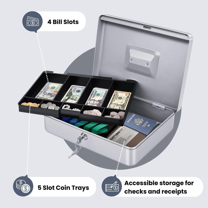 Flexzion Cash Box with Money Tray and Lock - Metal Cash Box for Small Businesses, 9-Compartment Silver Money Box with Removable Tray and Key, Portable Storage for Checks and Coins - Image 3